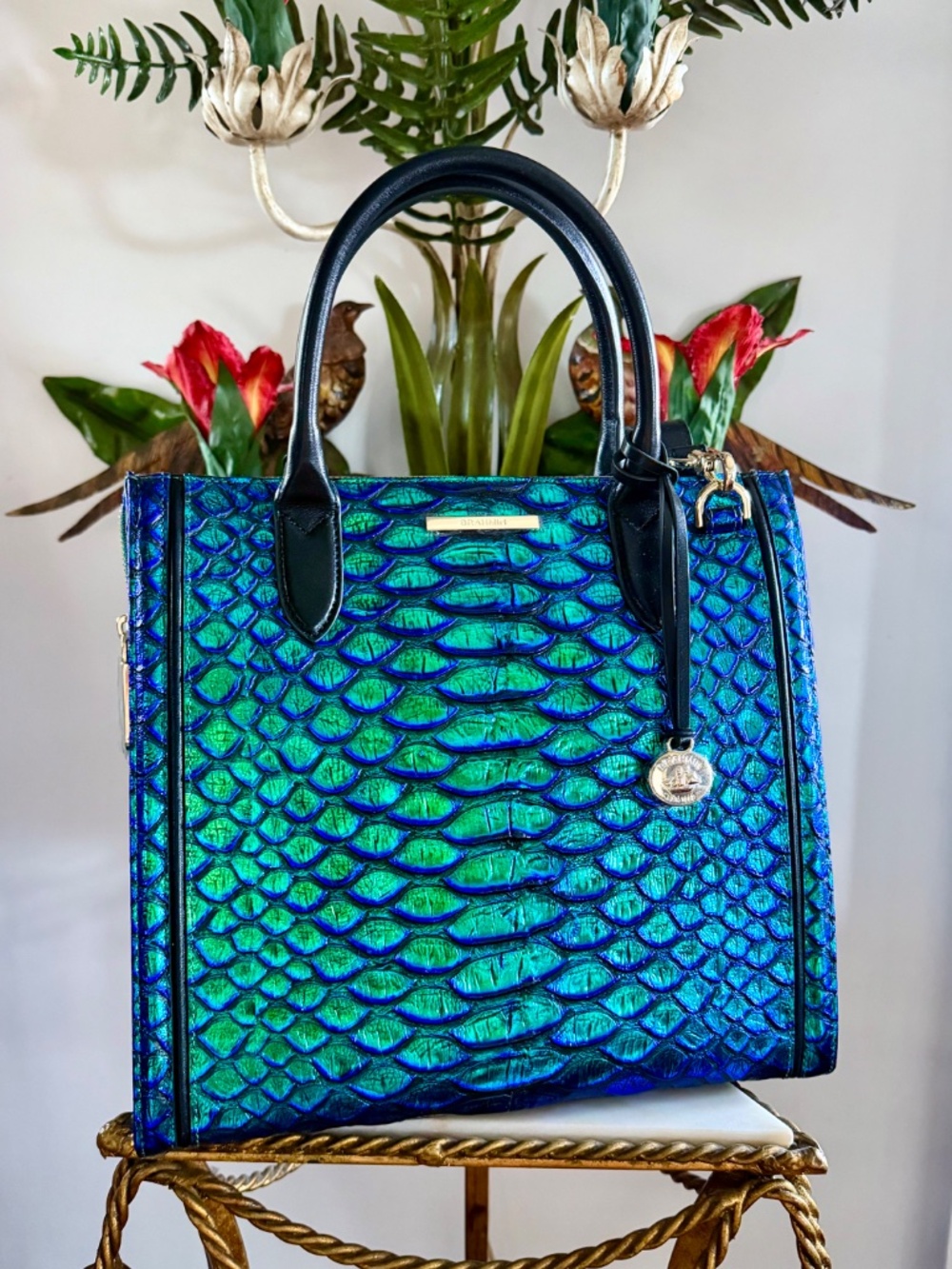 ๐๐ NWT Brahmin Emerald Lulia Caroline Metallic Blue Green Snake Print Bag ๐๐ - Picture 2 of 16